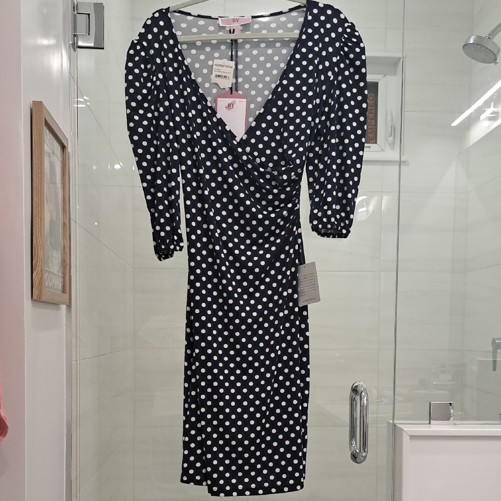 Nordstrom Navy and White Polka Dot Faux Wrap Dress